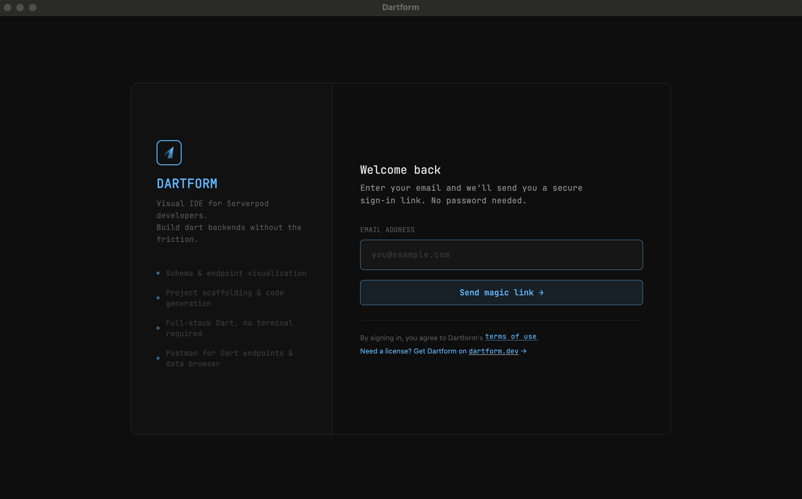Dartform desktop app — Serverpod project dashboard on macOS